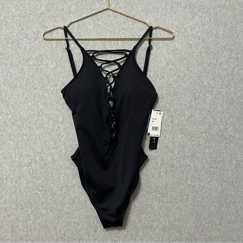 La Blanca Black Lace-Up One Piece Swimsuit NWT Size 4 Convertible Straps - Picture 2 of 8